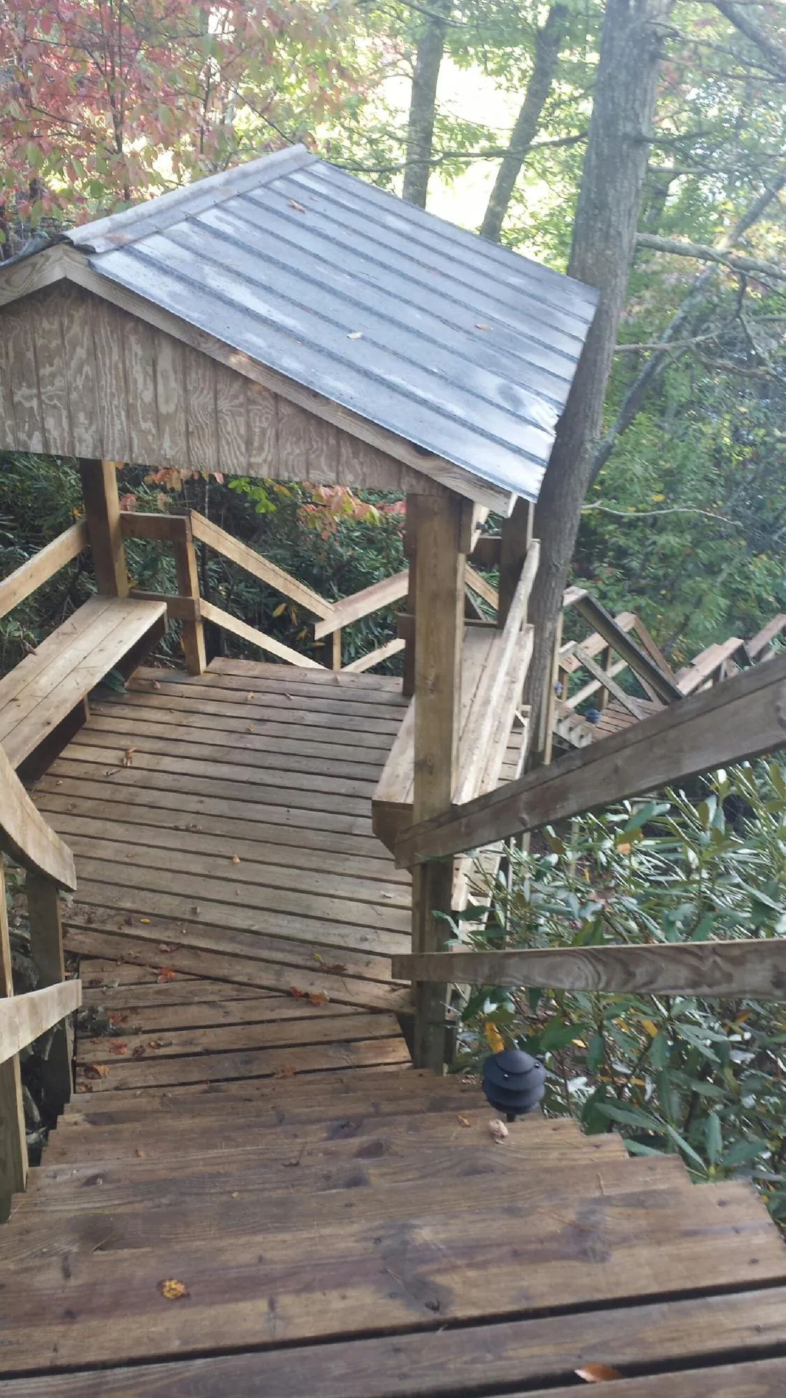 Metal roofed shelter over wooden steps on a wooded walkway — Skylight Repair & Installation work by our crew in Glen Alpine